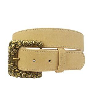 Genuine Suede Leather Belt with Floral Buckle